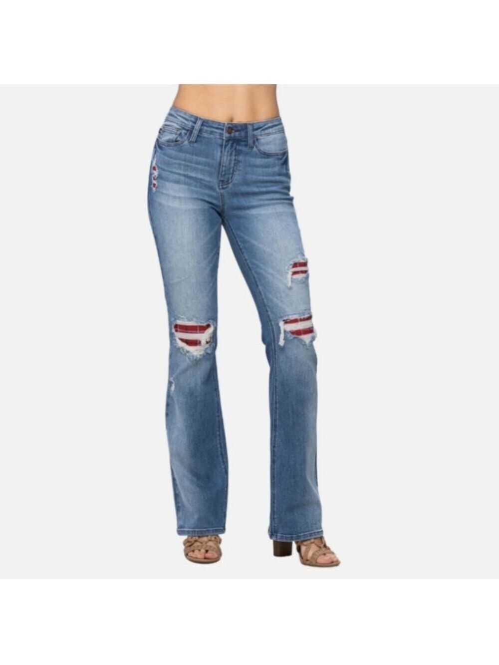 Judy Blue Plaid Patch Mid Rise Boot cut Jeans Sz 18W